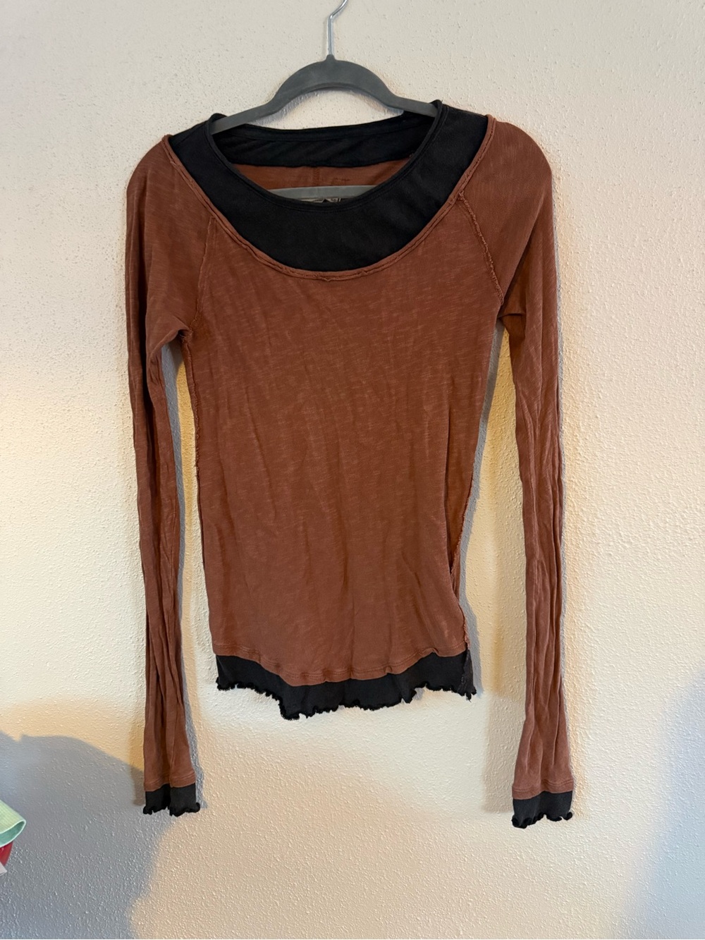 We The Free Brown Long Sleeve Top with Black Trim